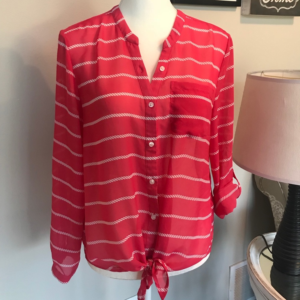 Sheer Gap Blouse Ties at Waist Coral